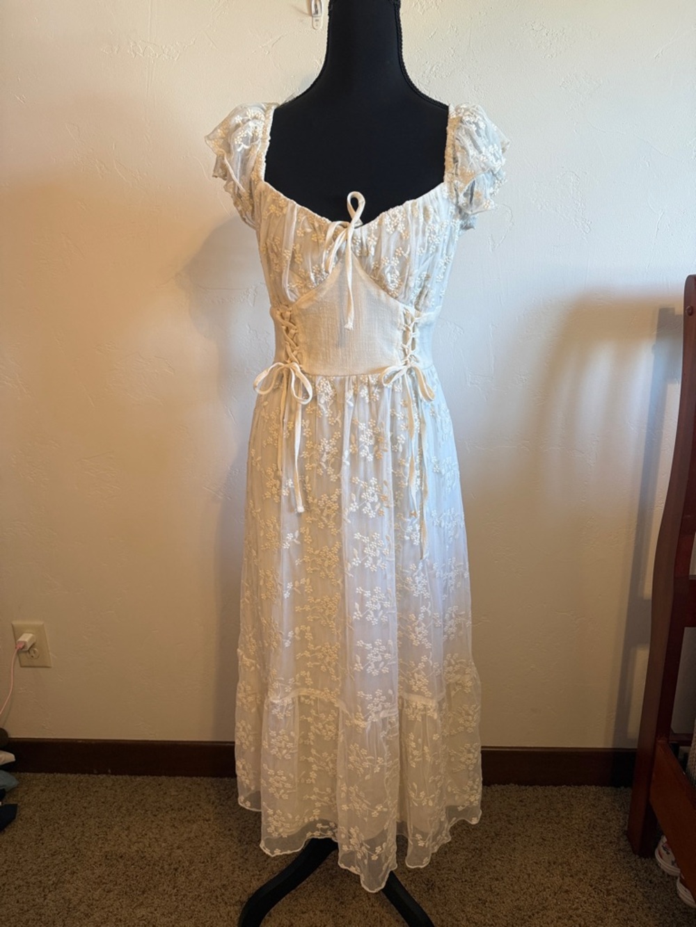 Lace-Trim Ivory Maxi Dress with Corset Tie Details